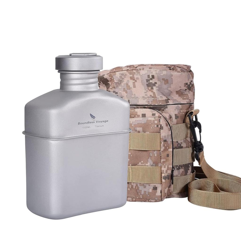 Boundless Voyage Titanium Military Canteen Bottle, 1100ml, Large Capacity, Lightweight, Rust-Resistant, for Outdoor Camping, with Bag (Canteen Only,