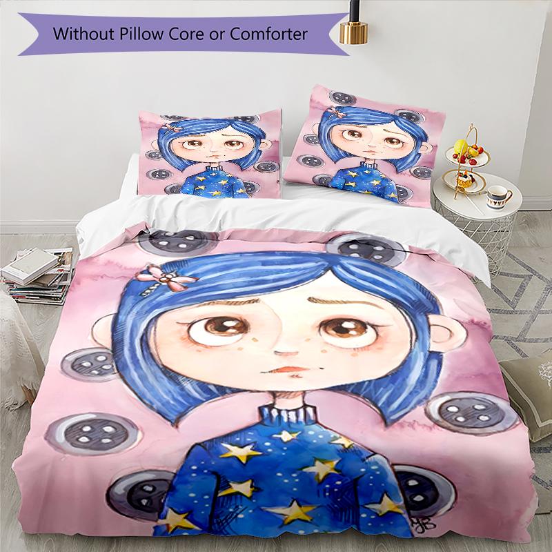 3pcs Coraline Design Cover Set - HD Printed Bedding with 1 Cover and 2 Pillowcases - Perfect for Home and Dorm Decor