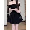 New Beautiful Puffy Bud Short Dress One-word Shoulder Off-the-shoulder Black Dress Women's Summer Leisure