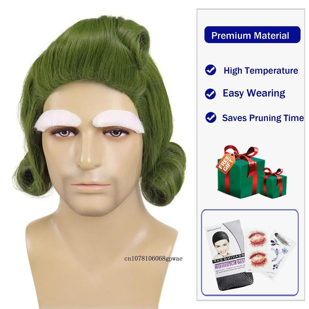 Cosplay Outfit Wigs Synthetic Hair Short Curly Green Wig with White Eyebrows for Men Chocolate Factory Costume Halloween Party