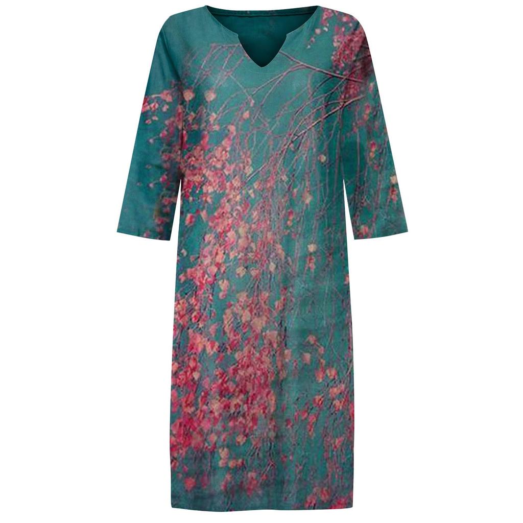 Женское свободное платье в народном стиле с v-образным вырезом и принтом больших размеров, повседневная талия, темперамент