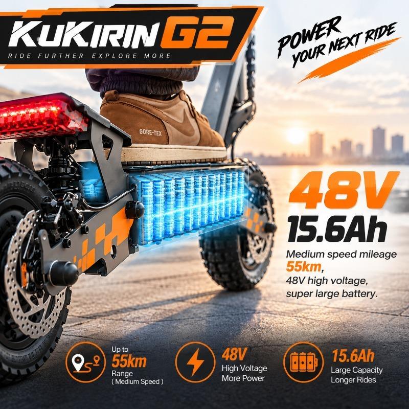 KUKIRIN G2 800W Electric Scooter, 45km/h, 55km Range, 48V 15.6Ah Battery, 10" Tubeless All-Terrain Tires, Foldable E-Scooter