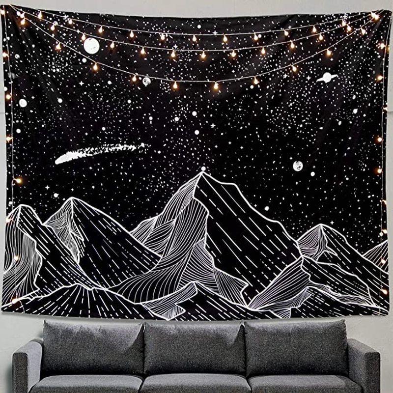 Black White Mountain Waterfall Tapestry Wall Hanging Full Moon Stars Line Art Nature Aesthetic Wall Art Decor
