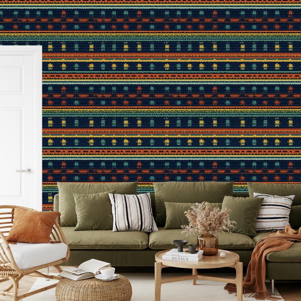 Wallpaper Colorful knit navy blue, sea blue and orange 50x1000