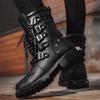 Fashion Hot Man Black Leather Big Square Toe Lace Up Thick Sole Platform Ankle Boots Male British Style Motorcycle Short Boots Shoes
