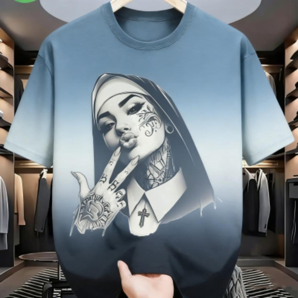 Summer Fashion Colorful Tattooed Nun Graphic Print Women's T-shirt Summer Casual Loose Short Sleeves Men's and Women's Tees Top