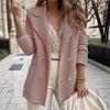 Women's Long Sleeve Tweed Double Breasted Blazer Jacket Notched Lapel Ribbed Open Front Fall Coat with Pockets
