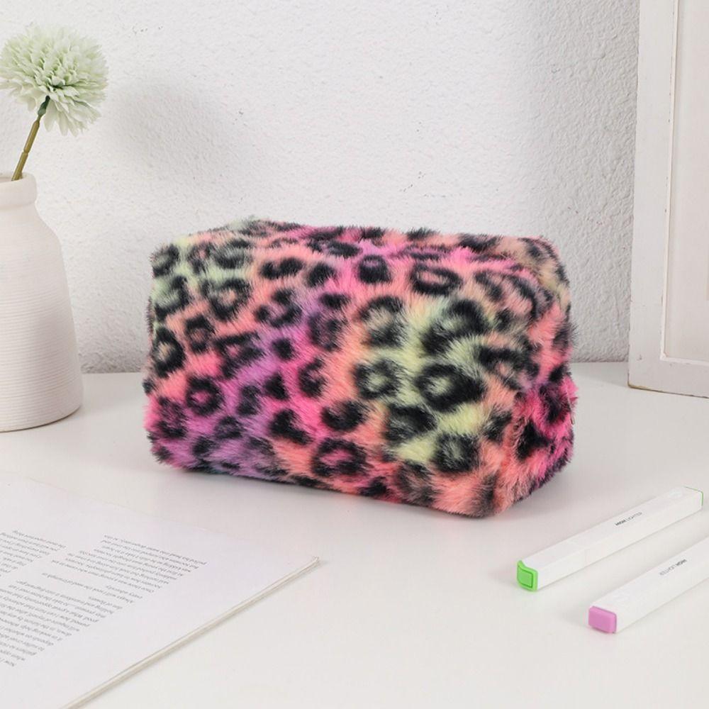 Large Capacity Plush Makeup Bags Leopard Print Cosmetic Storage Organizer Ladies