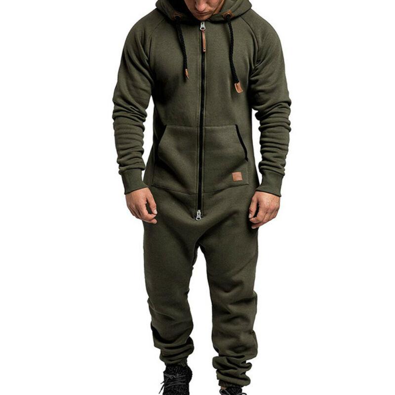 Zipped Up Men One Pieces Hooded Jumpsuit Solid Color Long Sleeve Winter Warm Casual Tracksuit