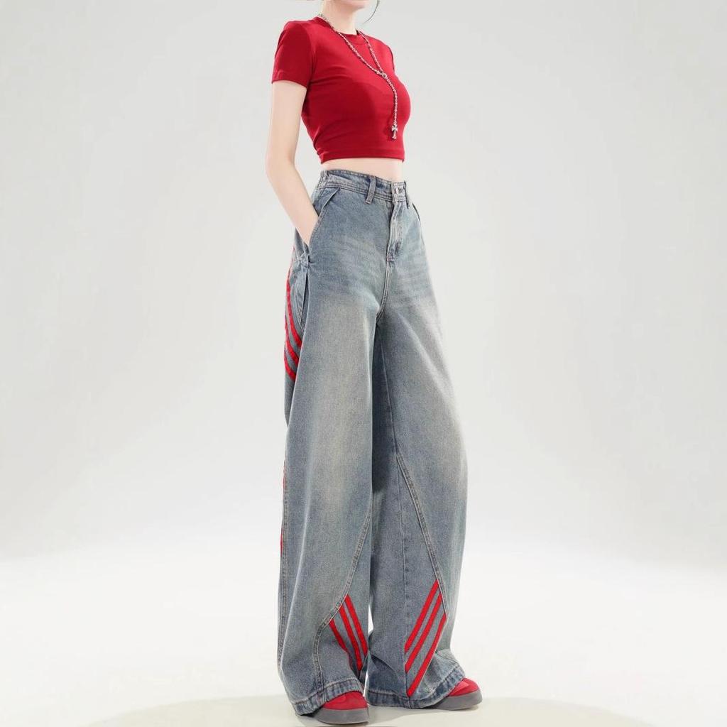 Plus Size High Waist Loose-Fit Patchwork Striped Wide-Leg Jeans for Women