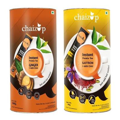 Чай Chaizup Premium 1 Min Instant Assorted Tea Pack - 1 кг банки (Упаковка из 2 шт.) | Ароматизаторы шафрана и имбиря | Приблизительно. 144 порции | 2 кг