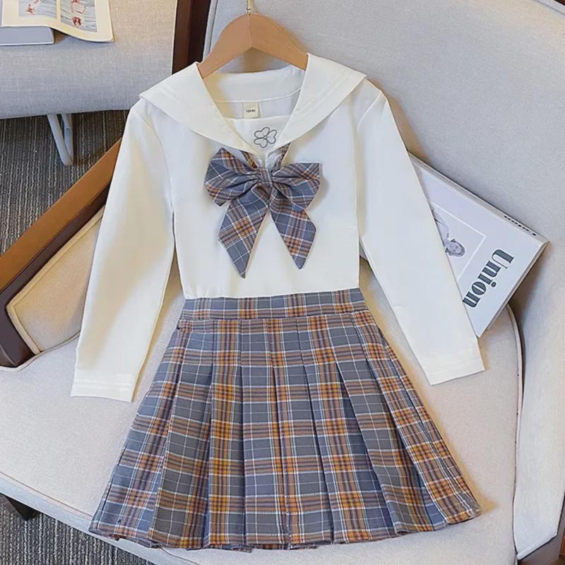 Комплект из двух предметов: юбка в клетку с длинными рукавами для девочек JK — стиль колледжа