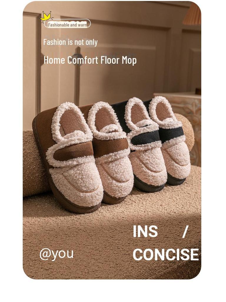 Женские зимние тапочки из хлопка на липучках в корейском стиле: Нескользящий, теплый, плюшевый ретро-меховой дизайн