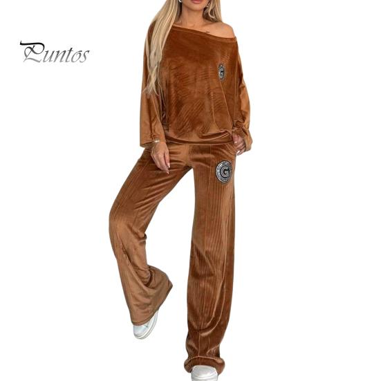 Женский комплект из 2 предметов: топ, брюки, бархатный круглый вырез, рукава «летучая мышь», блузка, широкие брюки, однотонный спортивный костюм на каждый день, осенне-весенний спортивный костюм