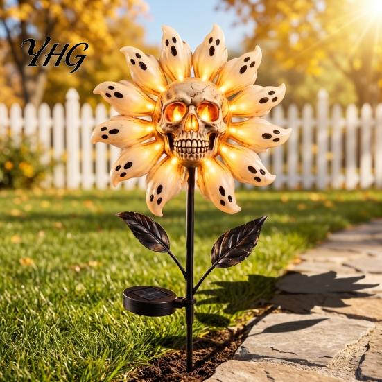 Outdoor Decorative Garden Stakes for Yard Solar Powered Skull Sunflower Light, Waterproof Stake Weather Resistant Porch Decor Halloween Lawn