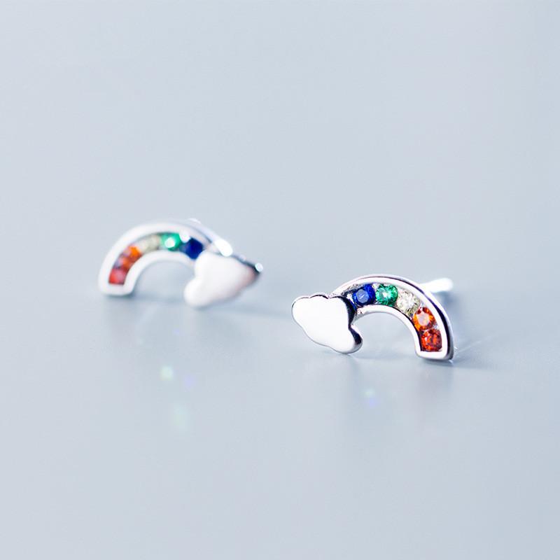 925 Sterling Silver Rainbow Colorful Crystal Stud Earrings for Women Gift Jewelry Female Ear Pendientes Boucle D Oreille Eh103