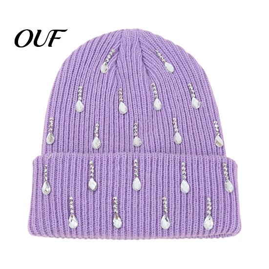 Winter Hat for Women Waterdrop Rhinestone Knit Hat, Bling Stretchy Cuffed Knitted Casual Warm Hats Girls Skull Cap Men Cold Weather Daily Wear