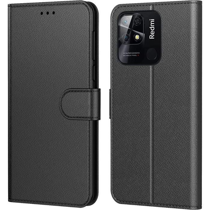 Coque Portefeuille pour Xiaomi Redmi 10C Protection Effet Cuir Anti-Rayures Noir
