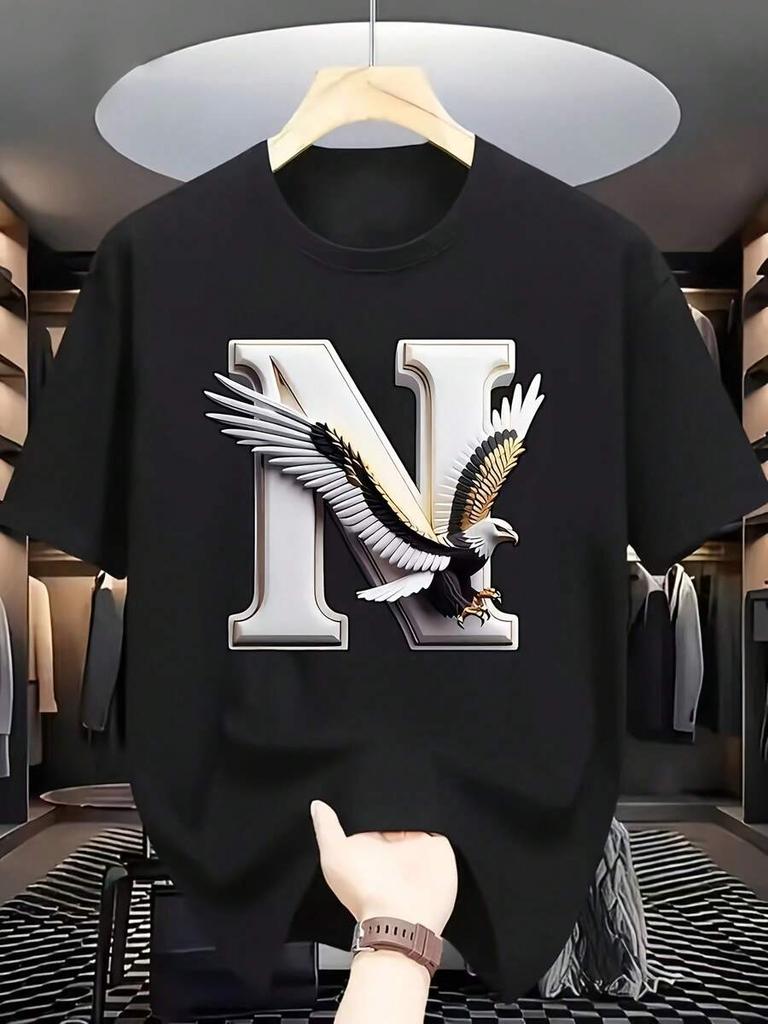 Unisex's Bold Greek Letter N Print T-Shirt With Greek Key & Eagle Logo Design - Black & Golden Short Sleeve Round Neck Casual & Semi-Formal Shirt