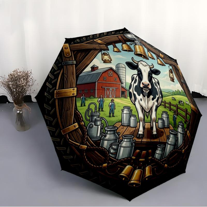 Cow Farm pattern umbrella, portable and foldable design, 8 ribs, a casual accessory for Halloween, Christmas, and birthday gifts.