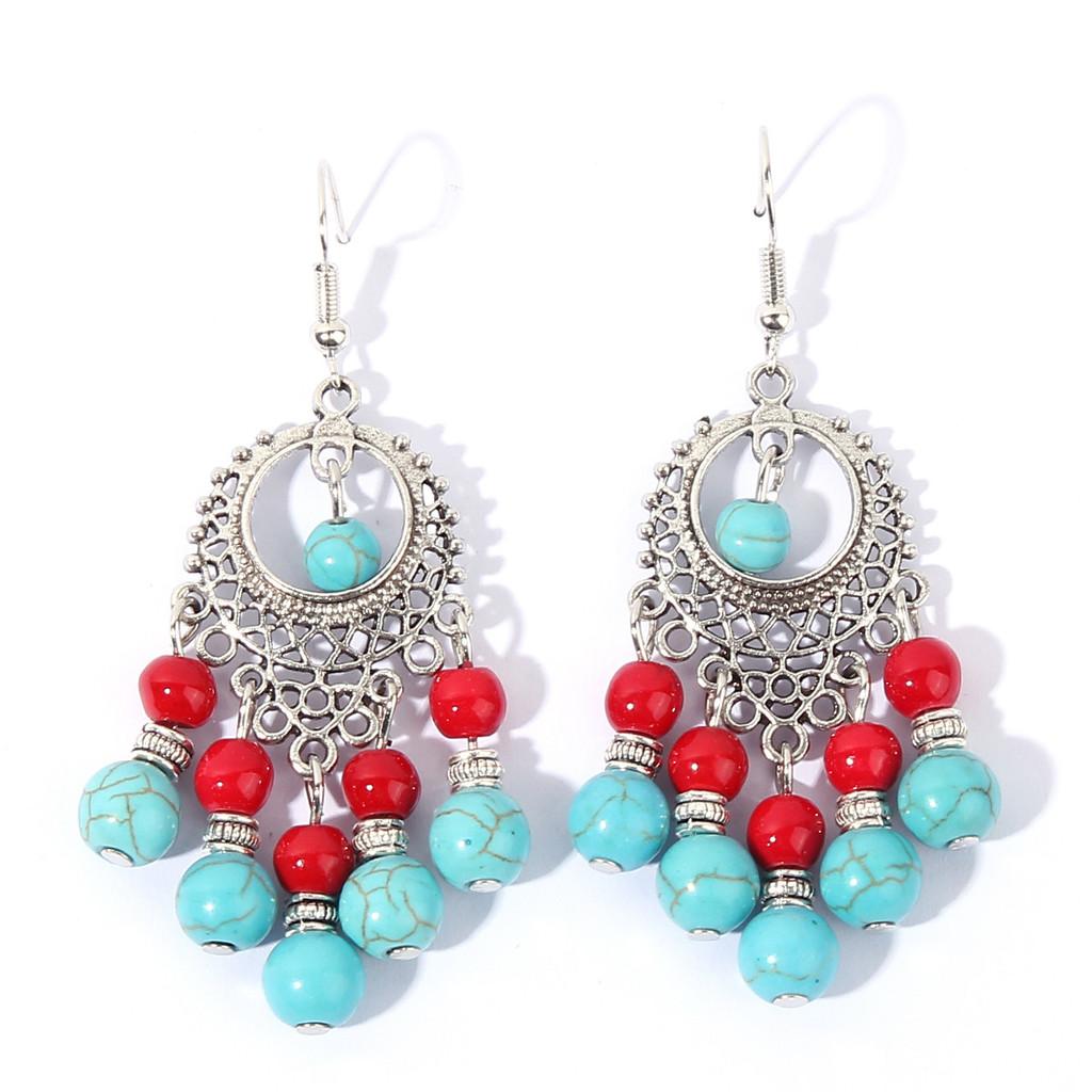 Ethnic Simulation Turquoise Beaded Earrings With Silver Filigree For Casual Wear