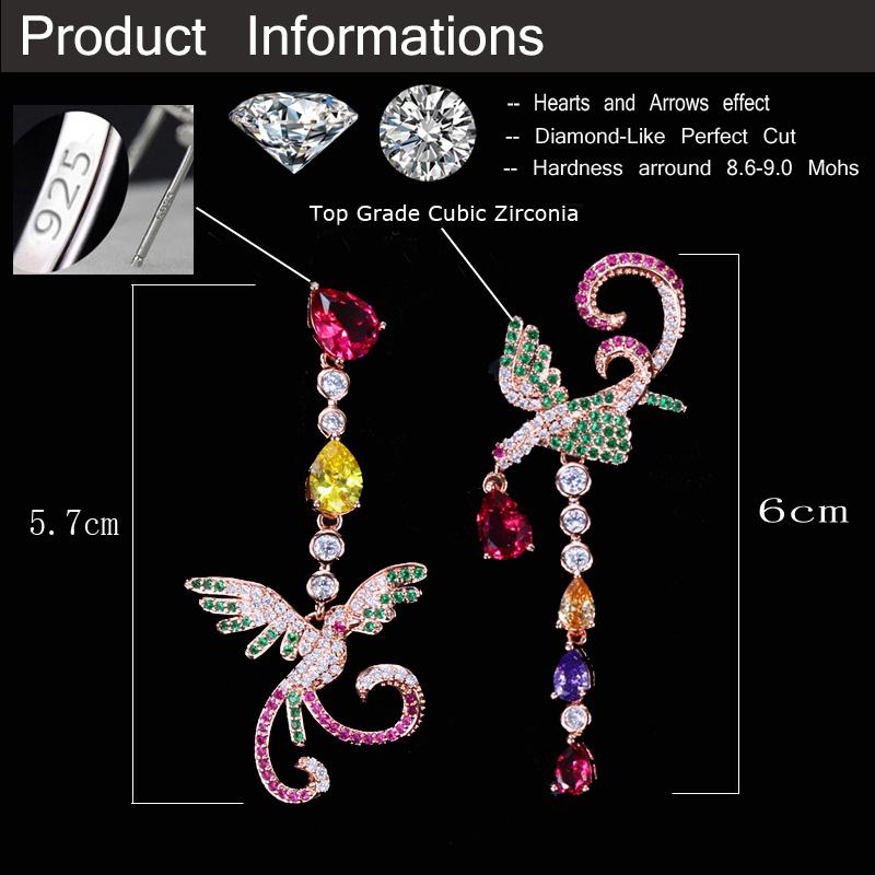 WWJ Уникальные разноцветные красные и зеленые длинные серьги-подвески с фианитами для женщин с изображением Феникса