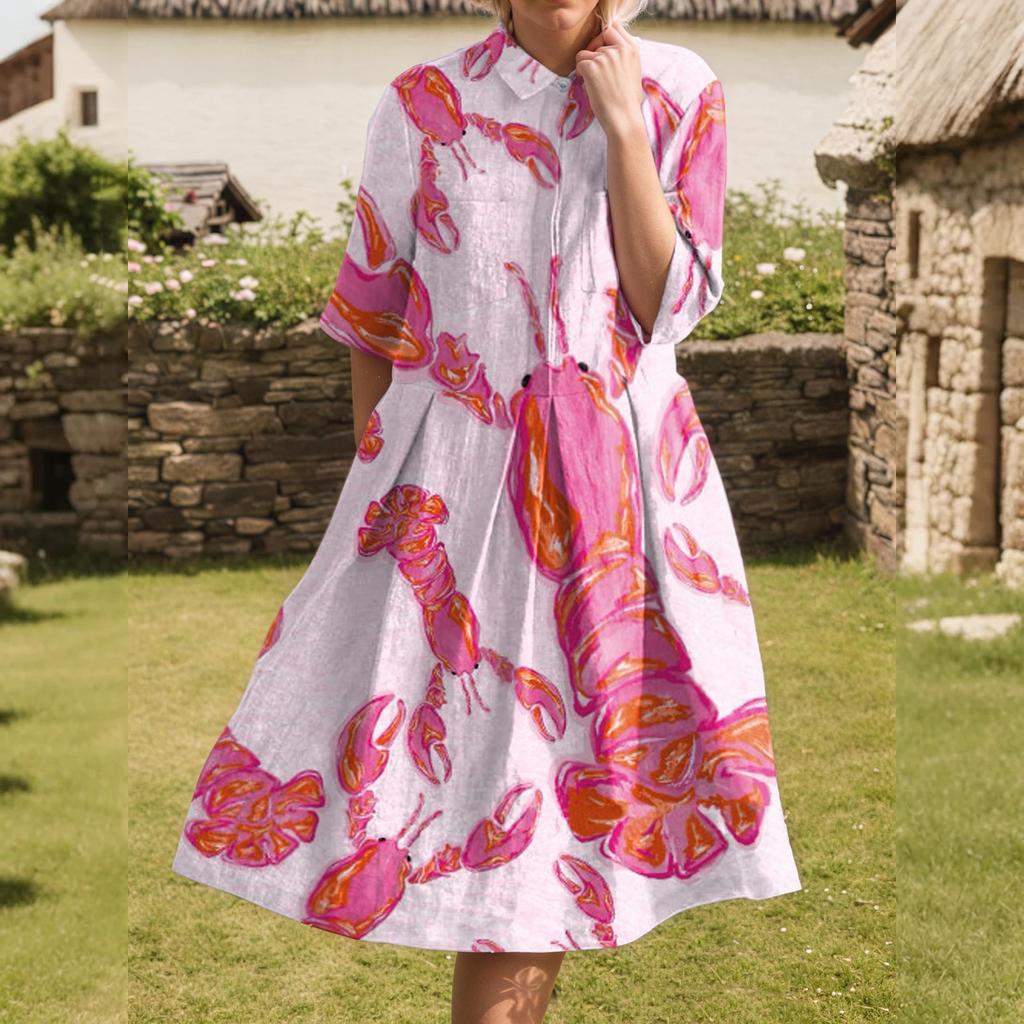 Dress For Women Elegant Casual Smocked Button Lapel Short Sleeve Knee Length Dress