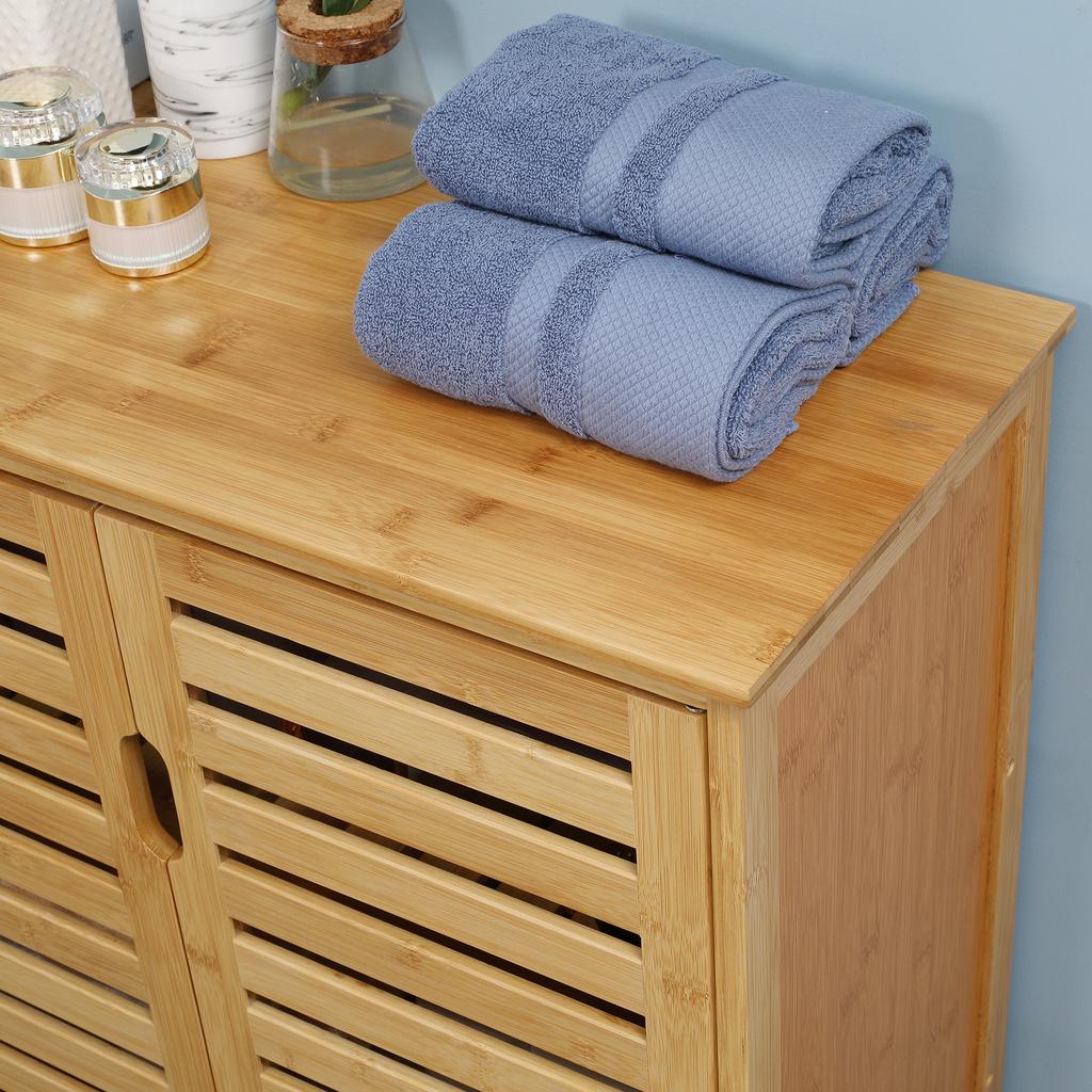 Bathroom Cabinet, Bamboo Cabinet with Slatted Design for Bathroom, Hallway, Compact Size, Ample Storage, Natural Wood