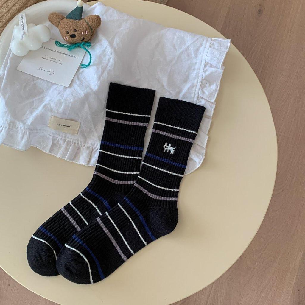 Мультяшная вышивка щенка, милые носки, женские осенне-зимние носки средней длины, корейские полосатые хлопковые вязаные эластичные длинные носки