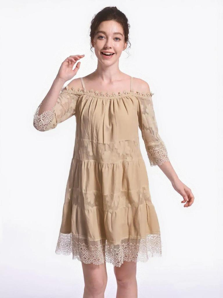 Princess Style Off-Shoulder Lace Suspender Dress - European & American Fashion, Solid Color, Loose Fit