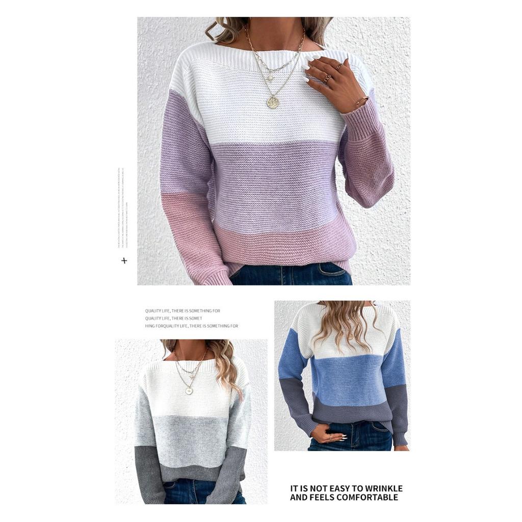 Autumn and Winter Knitted Sweater Women's Contrasting Color Spliced Round Neck Long Sleeved Pullover Top