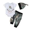 Baby Boys 3PCS Outfit Sets White Short Sleeve O Neck Romper Pattern Print Pants Hat Sets