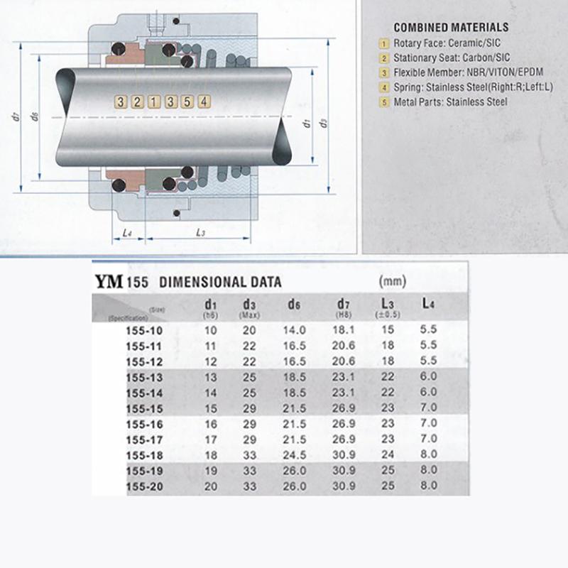 155 серия подходит 12 14 15 16 20 мм механическое уплотнение вала с одинарной спиральной пружиной для циркуляционного водяного насоса