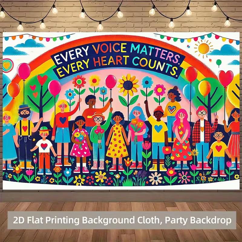 2D Multicultural Party Background, "Every Voice Matters" Rainbow Flower and Kids Decor Banner