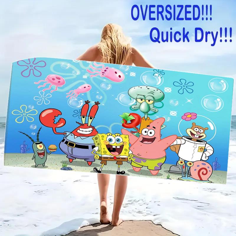 Yellow Sponge Cartoon Print Beach Towel, Large Soft Quick Dry Towel for Beach Camping Swimming