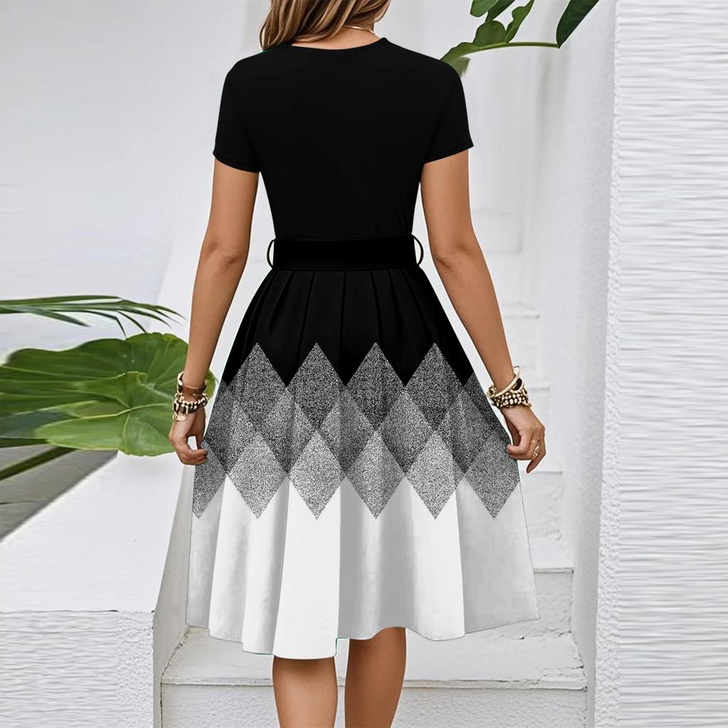 Women's Casual Fashion Belted Floral Print Short Sleeve Round Neck Elegant Dress