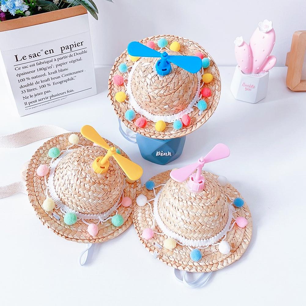 Mini Pet Cat Dogs Summer Straw Hat with Bamboo Dragonfly Hawaii Style Hat for Cats Dogs Funny Accessories