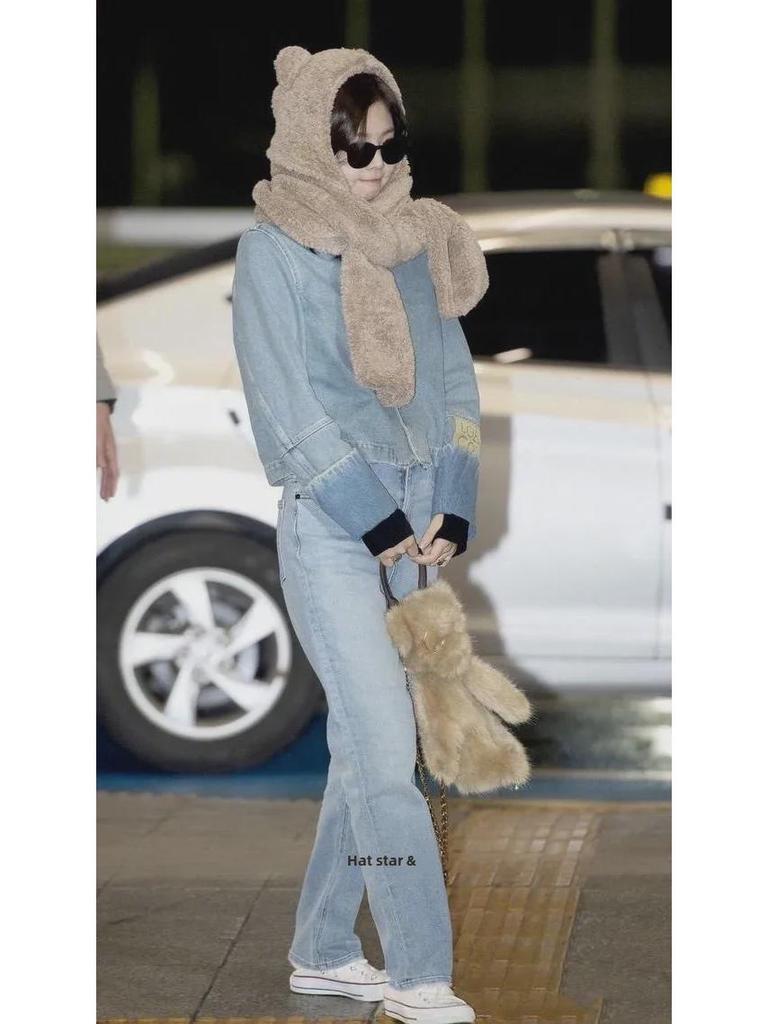 Комплект шапок и шарфа в стиле Дженни с медведем: Женский теплый плюшевый осенне-зимний галстук для студентов