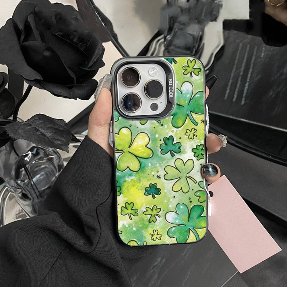 Чехол для телефона «Счастливый четырехлистник» для iPhone 17,16,15,14,13,12, Pro MAX Черный Матовый Ударопрочный Чехол