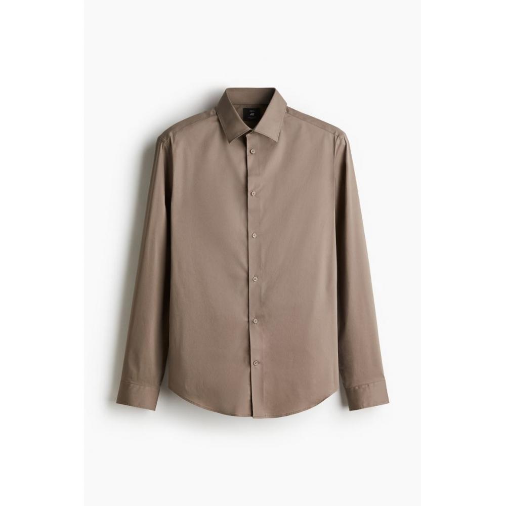 H M sliM Fit stretcH sHirt Dark Beige