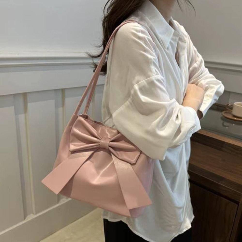 Korean Style INS Tote Bag Solid Color Fashion Underarm Bag Elegant PU Bow Shoulder Bag  Gift