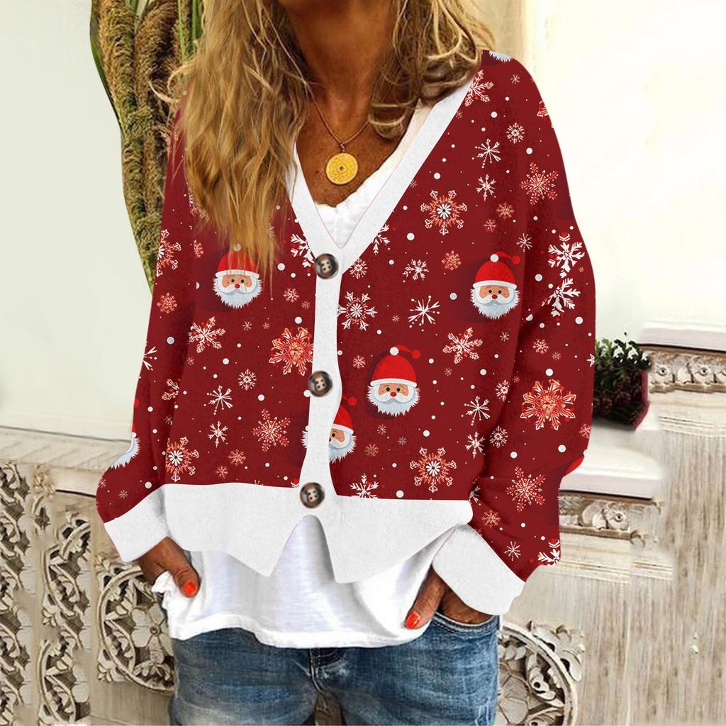 Женское модное короткое пальто, повседневное, с длинным рукавом, с рождественским принтом, однобортный плюшевый топ