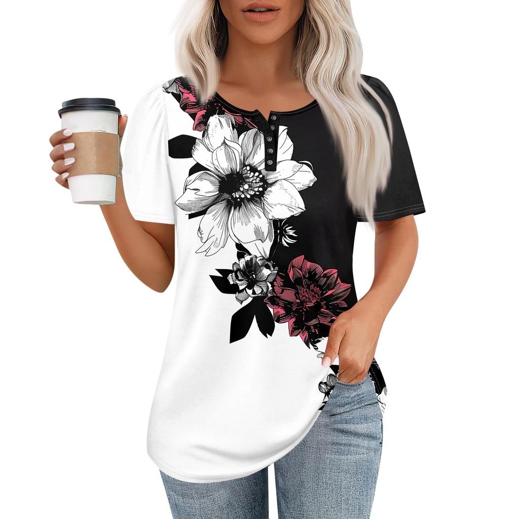 Женский модный повседневный короткий рукав пуловер с принтом на пуговицах и круглым вырезом