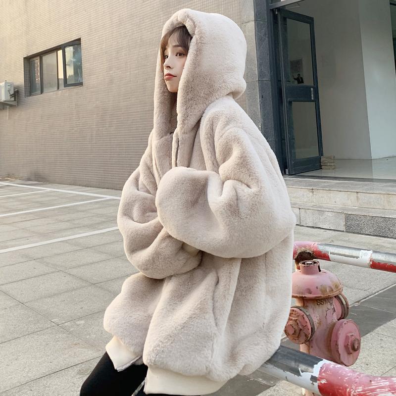 Plush Fur Jacket Women's Medium and Long Winter Cocoon Zipper Imitation Rabbit Fur Hooded Coat Loose