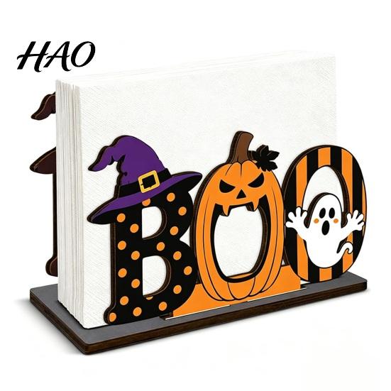 Indoor Halloween Ornaments Wooden BOO Napkin Holder, Cartoon Ghost Pumpkin Witch Hat Paper Towel Window Display Ornament Wood Table Centerpiece