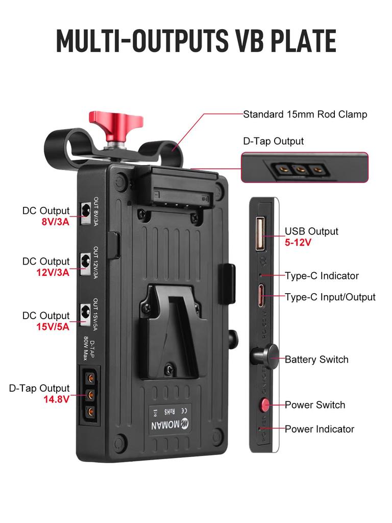 Пластина Moman VBP2 с 15-мм стержнем, двойной выход постоянного тока, включает 4 кабеля постоянного тока и для цифровых зеркальных камер BMPCC, видеокамер, V-образный зажим, выход D-Tap 14,8 В,