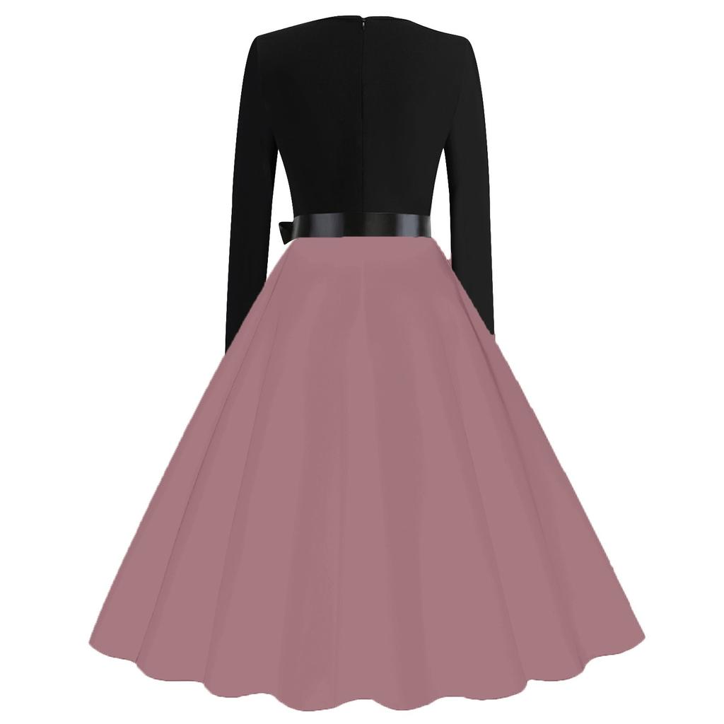 Однотонное платье-клеш для женщин Повседневное винтажное платье с длинным рукавом и квадратным воротником