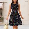 Women Plus Size Round Neck Sleeveless Black Printed Gathered Waist A Line Dress