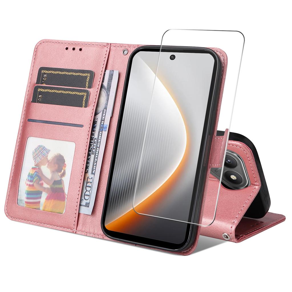 For TECNO Pova 7 4G PU Leather Wallet Case Phone Stand Cover with Tempered Glass