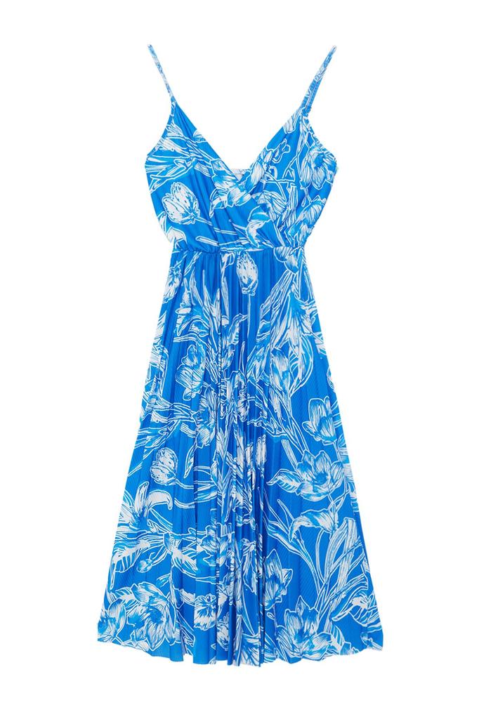 Женское стильное платье Темно-синее с рисунком Конькобежец-миди Двубортное плиссированное трикотажное платье на бретельках